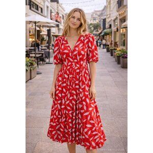 DVF Diane Von Furstenberg Cordelia Red Midi Dress Mason Womens 12 Puff Sleeve